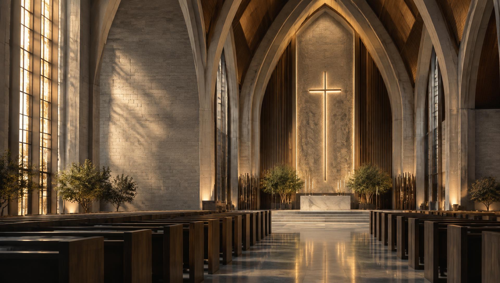 A light-filled church sanctuary with soaring arches